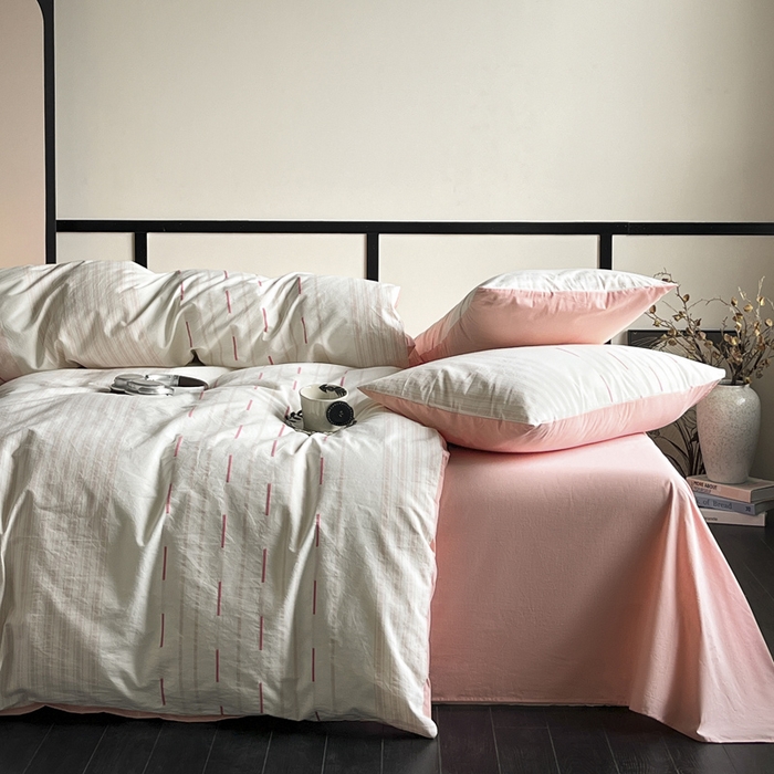 91家纺网 家纺一手货源 找家纺 雅居纺家纺 2024新款100%全棉简约提花四件套 如初-粉