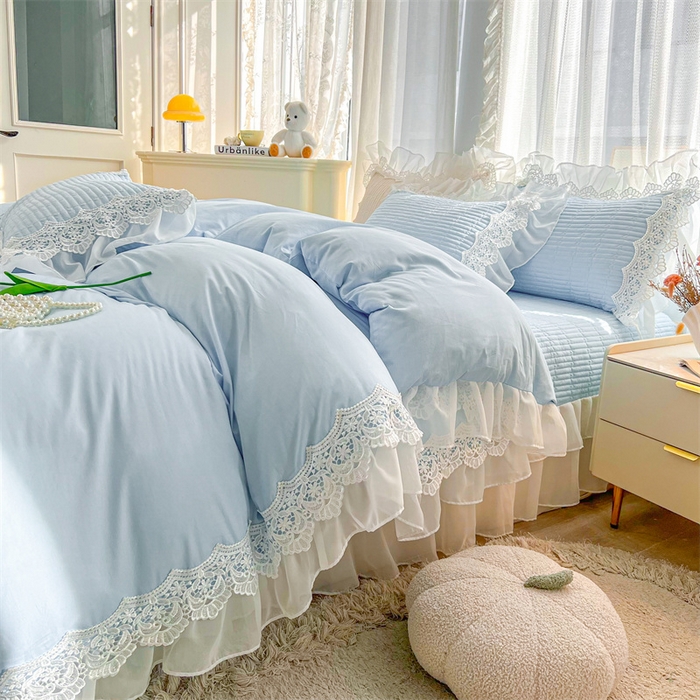 91家纺网 家纺一手货源 找家纺 虹星家纺 2024新款A类全棉夹棉床盖四件套-洛香忆梦 洛香忆梦-天空蓝