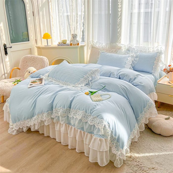 91家纺网 家纺一手货源 找家纺 虹星家纺 2024新款A类全棉夹棉床盖四件套-洛香忆梦 洛香忆梦-天空蓝