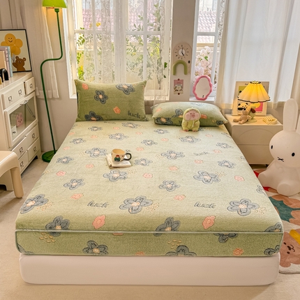 91家纺网 家纺一手货源 找家纺 悦织湾家纺 2025新款加厚雪花绒印花床笠保暖牛奶绒床笠跨境专供外贸出口电商直播热销款 雪花绒床笠-浪漫花舞