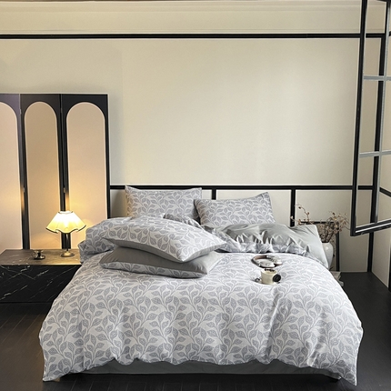 雅居纺家纺 2024新款100%全棉色织水洗三层提花四件套 一叶蓝