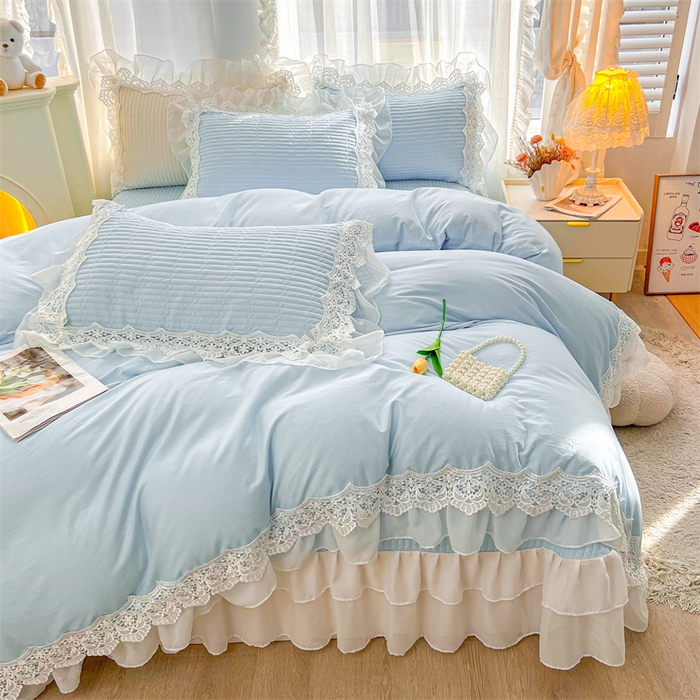 91家纺网 家纺一手货源 找家纺 虹星家纺 2024新款A类全棉夹棉床盖四件套-洛香忆梦 洛香忆梦-天空蓝