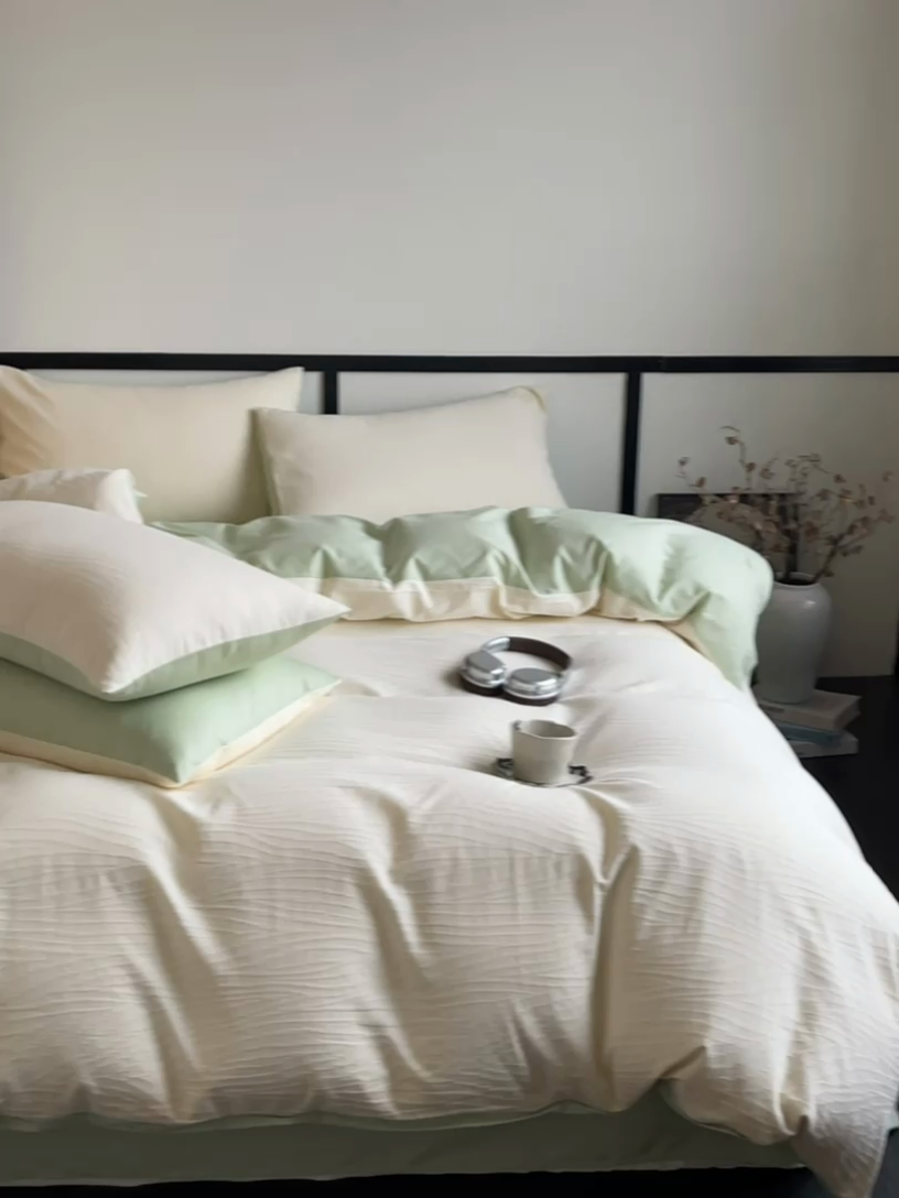 91家纺网 家纺一手货源 找家纺 雅居纺家纺 2024新款100%全棉三层纱提花四件套 波浪条