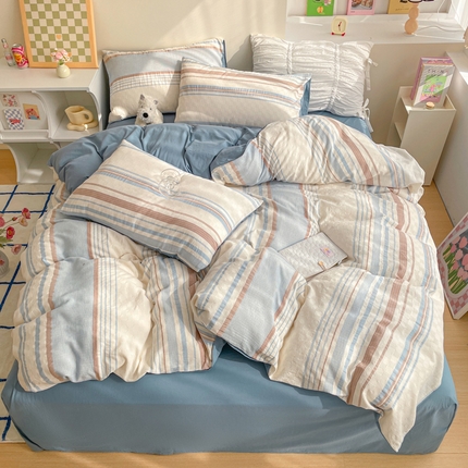 雅居纺家纺 2024新款100%全棉简约提花四件套 简希-浅蓝