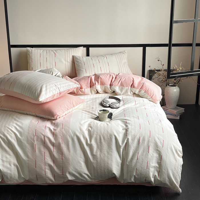 91家纺网 家纺一手货源 找家纺 雅居纺家纺 2024新款100%全棉简约提花四件套 如初-粉