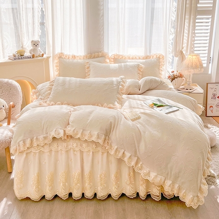 虹星家纺 2024新款雕花夹棉蕾丝牛奶绒床裙四件套-罗马花园 罗马花园 象牙白