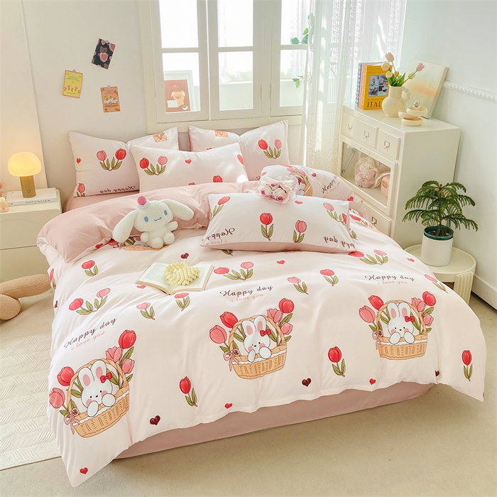 91家纺网 家纺一手货源 找家纺 2024直播热款水洗云朵棉四件套美式碎花简约风床单单品单被套  花园兔子