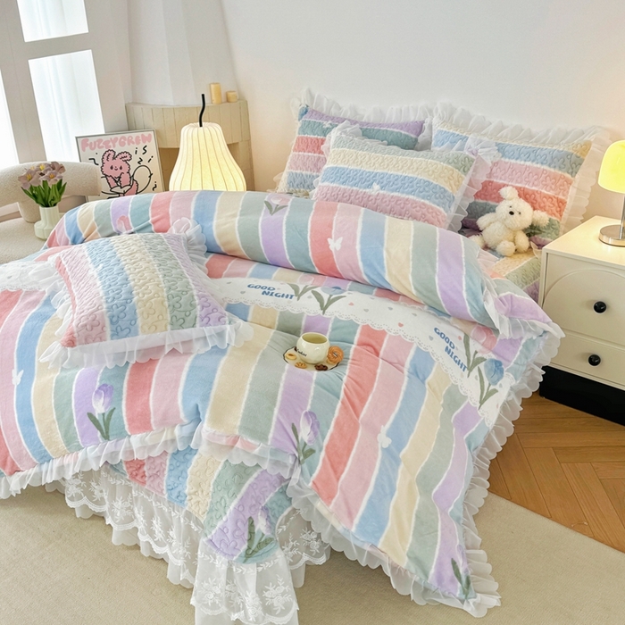 91家纺网 家纺一手货源 找家纺 添越 2024新款牛奶绒夹棉床盖三件套四件套 彩虹郁金香