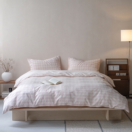 小春日和 简约粉色泡泡纯棉色织格子四件套人字纹双人床单1.8床笠纯色加大床单人三件套 樱落-粉