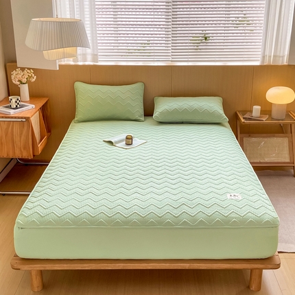 悦织湾家纺 2025新款A类本色原棉大豆床笠 麦浪纹-果绿