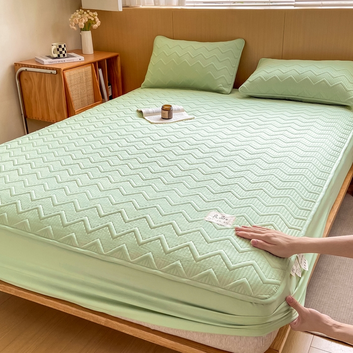 91家纺网 家纺一手货源 找家纺 悦织湾家纺 2025新款A类本色原棉大豆床笠 麦浪纹-果绿