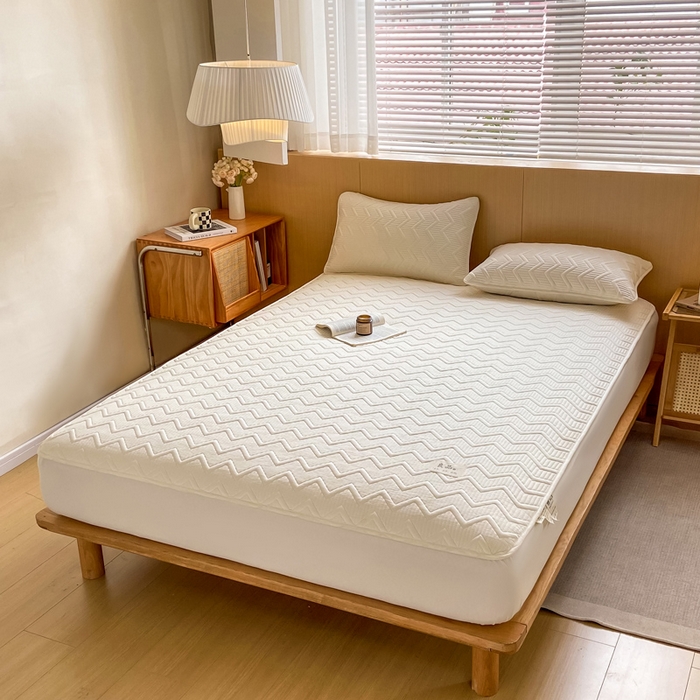 91家纺网 家纺一手货源 找家纺 悦织湾家纺 2025新款A类本色原棉大豆床笠 麦浪纹-米白