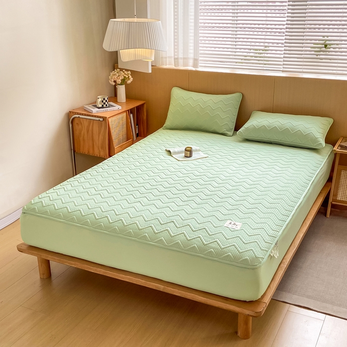 91家纺网 家纺一手货源 找家纺 悦织湾家纺 2025新款A类本色原棉大豆床笠 麦浪纹-果绿