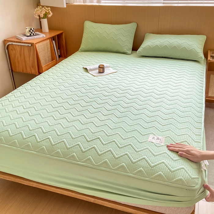 91家纺网 家纺一手货源 找家纺 悦织湾家纺 2025新款A类本色原棉大豆床笠 麦浪纹-果绿