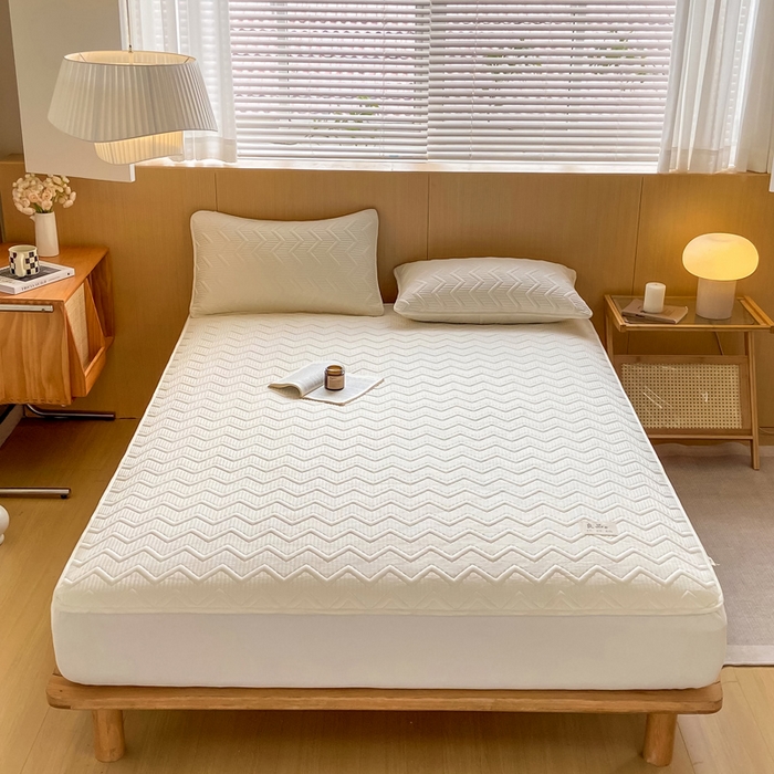 91家纺网 家纺一手货源 找家纺 悦织湾家纺 2025新款A类本色原棉大豆床笠 麦浪纹-米白