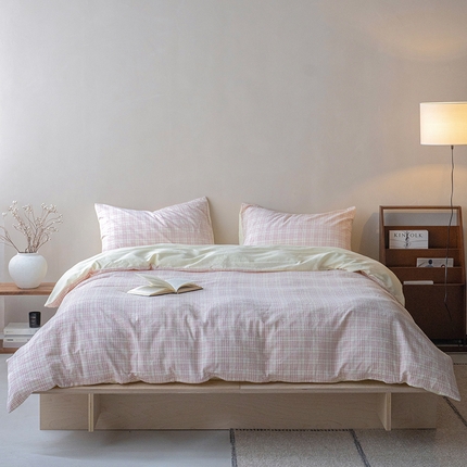 小春日和 简约粉色泡泡纯棉色织格子四件套人字纹双人床单1.8床笠纯色加大床单人三件套 樱落-奶黄