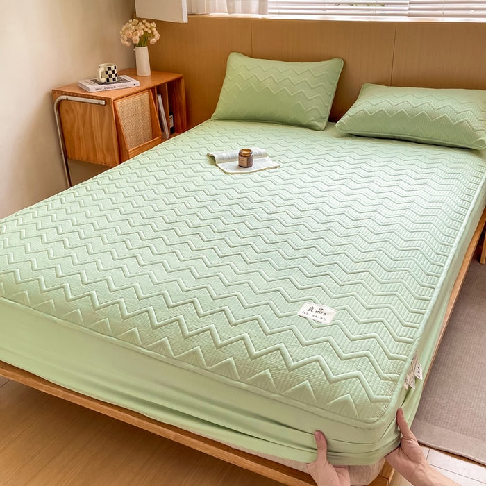 91家纺网 家纺一手货源 找家纺 悦织湾家纺 2025新款A类本色原棉大豆床笠 麦浪纹-果绿