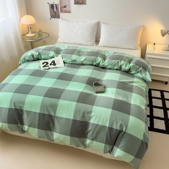 91家纺网 家纺一手货源 找家纺 清雅福 2024新款全棉A类水洗棉四件套单被套 绿大格