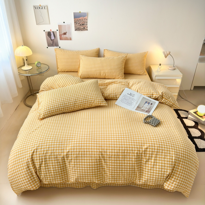 91家纺网 家纺一手货源 找家纺 清雅福 2024新款全棉A类水洗棉四件套单被套 小格-黄