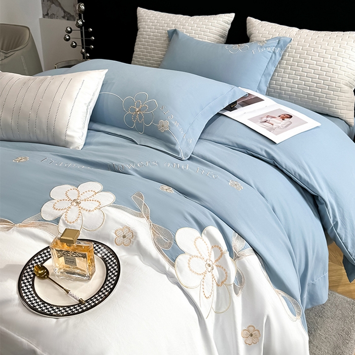 91家纺网 家纺一手货源 找家纺 棠颂家纺 2025新款亲肤精纺棉刺绣四件套（礼盒款） 艾琳--蓝