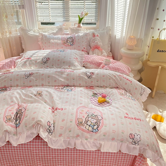 91家纺网 家纺一手货源 找家纺 玉元坊 2025新款春夏公主风花边被套床裙款全棉纯棉四件套三件套 公主兔