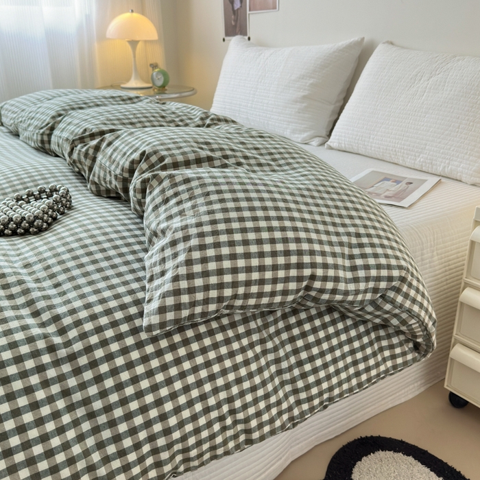 91家纺网 家纺一手货源 找家纺 清雅福 2024新款全棉A类水洗棉四件套单被套 绿小格