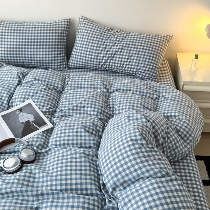 91家纺网 家纺一手货源 找家纺 清雅福 2024新款全棉A类水洗棉四件套单被套 蓝小格