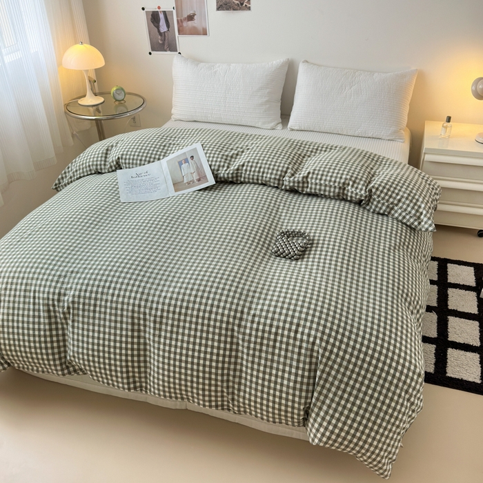 91家纺网 家纺一手货源 找家纺 清雅福 2024新款全棉A类水洗棉四件套单被套 绿小格