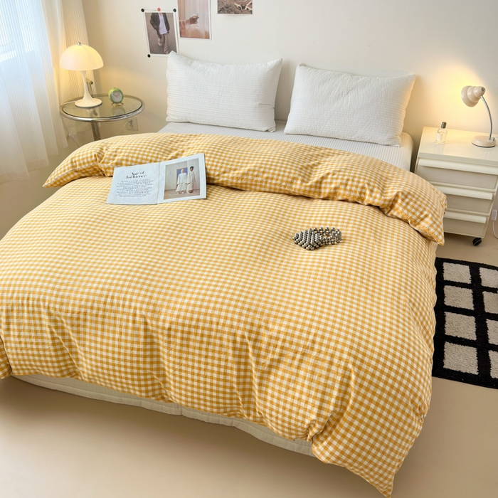 91家纺网 家纺一手货源 找家纺 清雅福 2024新款全棉A类水洗棉四件套单被套 小格-黄