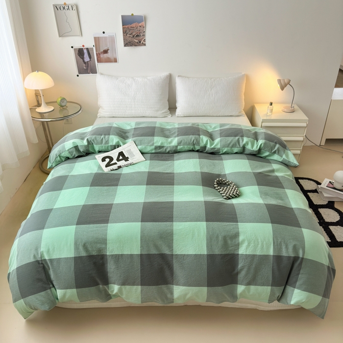 91家纺网 家纺一手货源 找家纺 清雅福 2024新款全棉A类水洗棉四件套单被套 绿大格