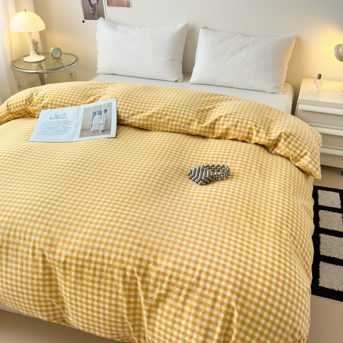 91家纺网 家纺一手货源 找家纺 清雅福 2024新款全棉A类水洗棉四件套单被套 小格-黄