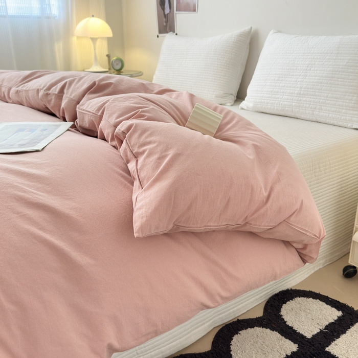 91家纺网 家纺一手货源 找家纺 清雅福 2024新款全棉A类水洗棉四件套单被套 简约-藕粉