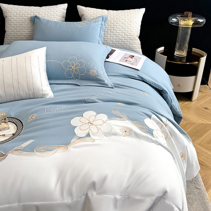 91家纺网 家纺一手货源 找家纺 棠颂家纺 2025新款亲肤精纺棉刺绣四件套（礼盒款） 艾琳--蓝