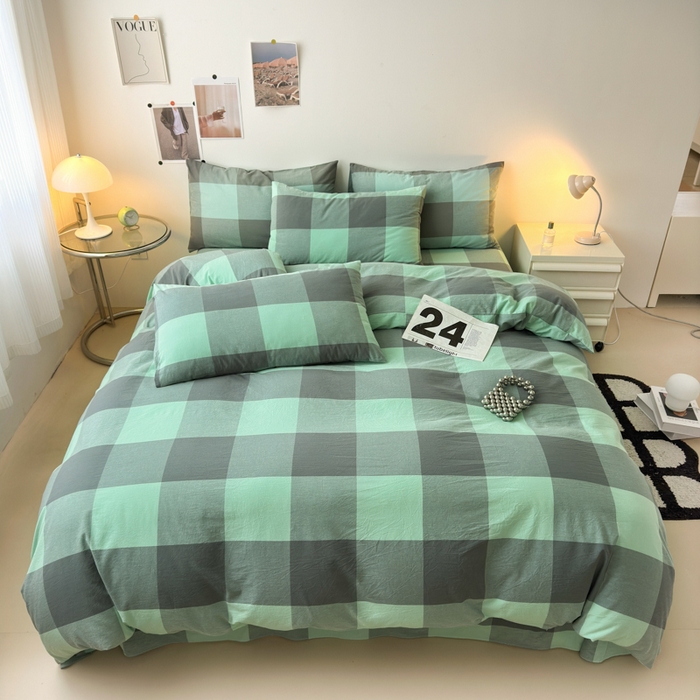 91家纺网 家纺一手货源 找家纺 清雅福 2024新款全棉A类水洗棉四件套单被套 绿大格