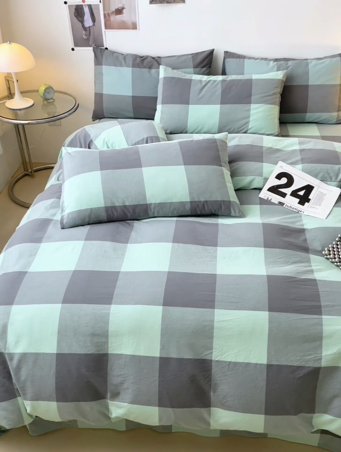 91家纺网 家纺一手货源 找家纺 清雅福 2024新款全棉A类水洗棉四件套单被套 绿大格