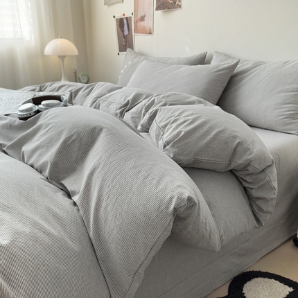 91家纺网 家纺一手货源 找家纺 清雅福 2024新款全棉A类水洗棉四件套单被套 灰密条