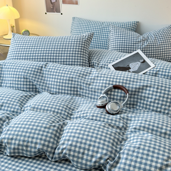 91家纺网 家纺一手货源 找家纺 清雅福 2025新款全棉A类水洗棉单枕套 蓝小格