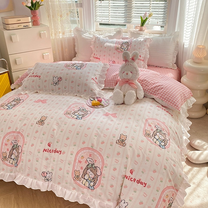 91家纺网 家纺一手货源 找家纺 玉元坊 2025新款春夏公主风花边被套床裙款全棉纯棉四件套三件套 公主兔