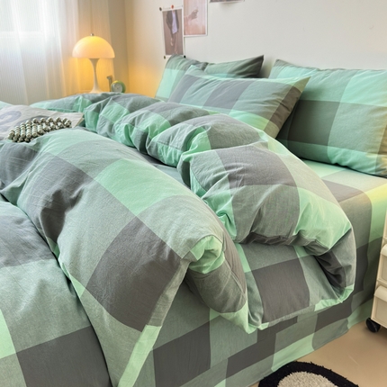 91家纺网 家纺一手货源 找家纺 清雅福 2024新款全棉A类水洗棉四件套单被套 绿大格