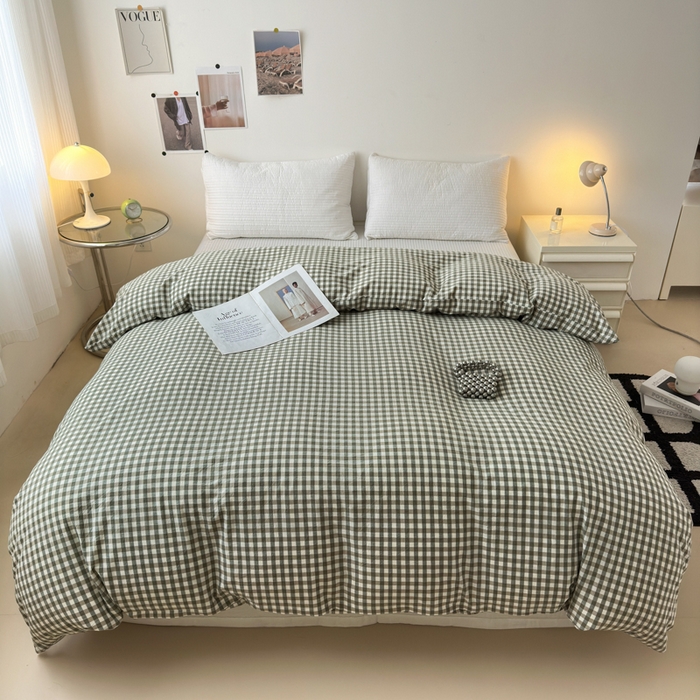 91家纺网 家纺一手货源 找家纺 清雅福 2024新款全棉A类水洗棉四件套单被套 绿小格