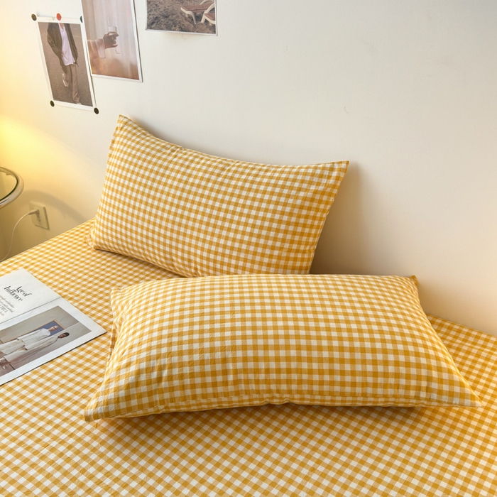 91家纺网 家纺一手货源 找家纺 清雅福 2025新款全棉A类水洗棉单枕套 小格·黄