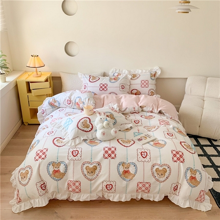 玉元坊 2025新款春夏公主风花边被套床裙款全棉纯棉四件套三件套 夏日乐园