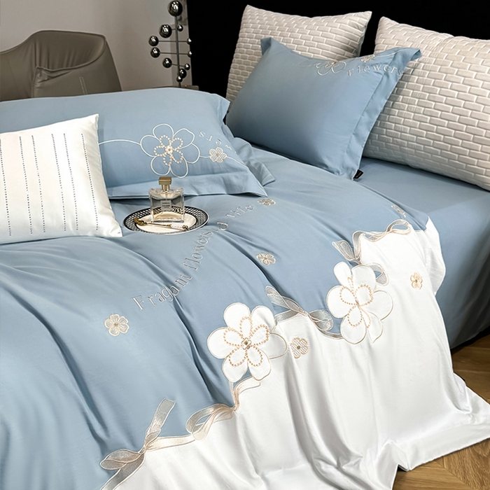 91家纺网 家纺一手货源 找家纺 棠颂家纺 2025新款亲肤精纺棉刺绣四件套（礼盒款） 艾琳--蓝