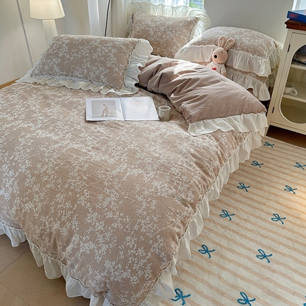 91家纺网 家纺一手货源 找家纺 瑞莱 2025全棉色织三层纱提花四件套-夜雨朦胧系列 夜雨朦胧-浅咖