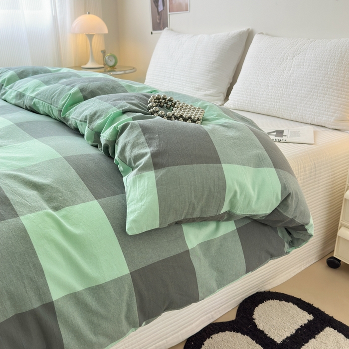 91家纺网 家纺一手货源 找家纺 清雅福 2024新款全棉A类水洗棉四件套单被套 绿大格