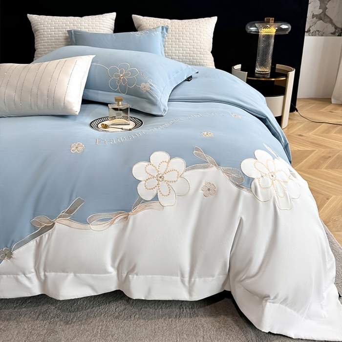 91家纺网 家纺一手货源 找家纺 棠颂家纺 2025新款亲肤精纺棉刺绣四件套（礼盒款） 艾琳--蓝