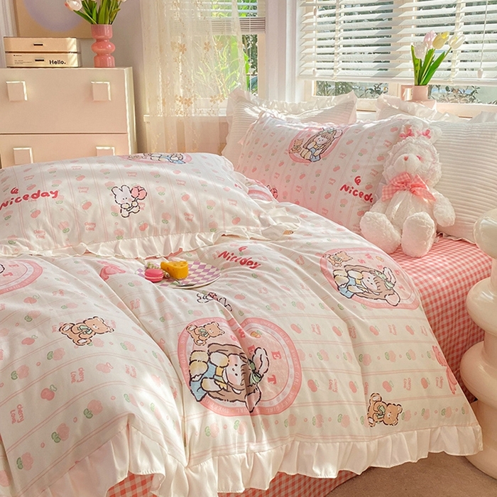 91家纺网 家纺一手货源 找家纺 玉元坊 2025新款春夏公主风花边被套床裙款全棉纯棉四件套三件套 公主兔