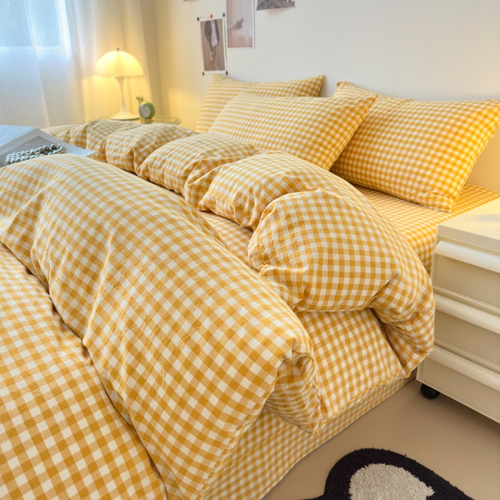 91家纺网 家纺一手货源 找家纺 清雅福 2024新款全棉A类水洗棉四件套单被套 小格-黄
