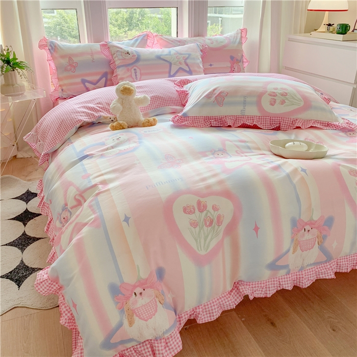 91家纺网 家纺一手货源 找家纺 玉元坊 2025新款春夏公主风花边被套床裙款全棉纯棉四件套三件套 奶油小狗