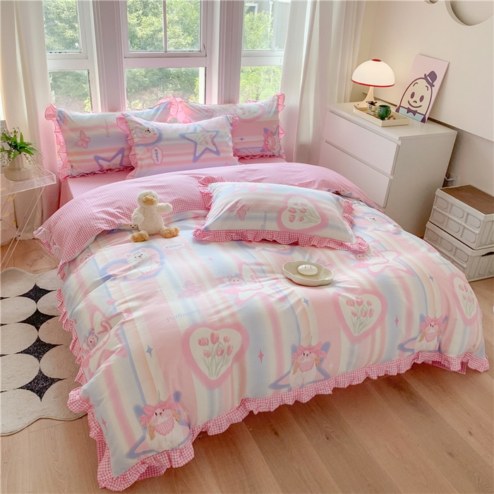 91家纺网 家纺一手货源 找家纺 玉元坊 2025新款春夏公主风花边被套床裙款全棉纯棉四件套三件套 奶油小狗